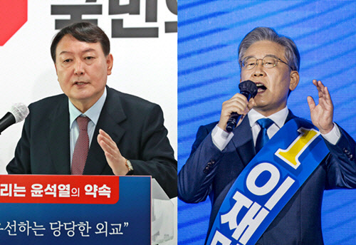 국민의힘 대선 예비후보인 윤석열(왼쪽) 전 검찰총장과 더불어민주당 대선 예비후보인 이재명(오른쪽) 경기도지사.연합뉴스 사진 갈무리